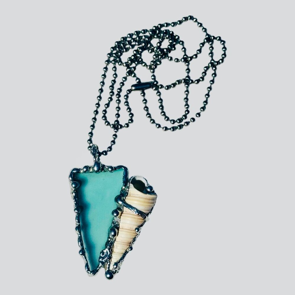 Sea Glass and Conch Pendant Encased with Intricate Artisan Boho Style Metalwork - Picture 9 of 14